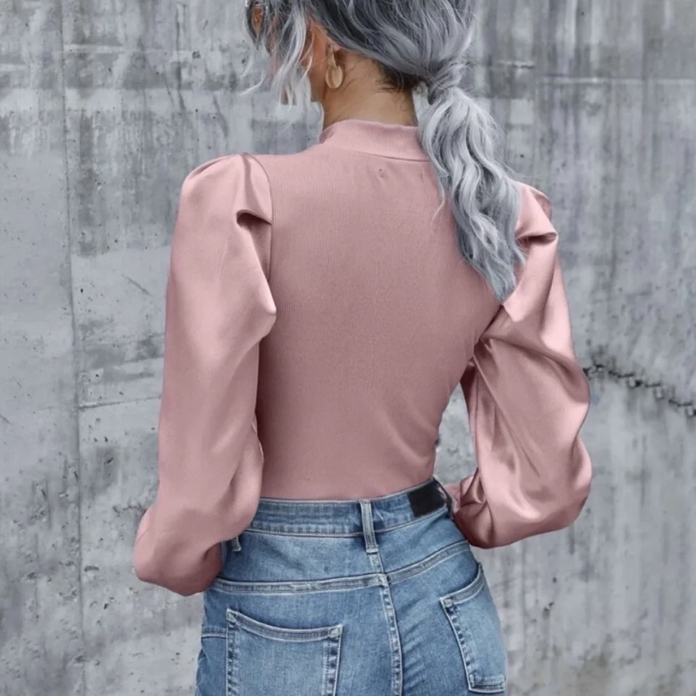 Boho  dusty pink ribbed knit satin puff sleeve blouse